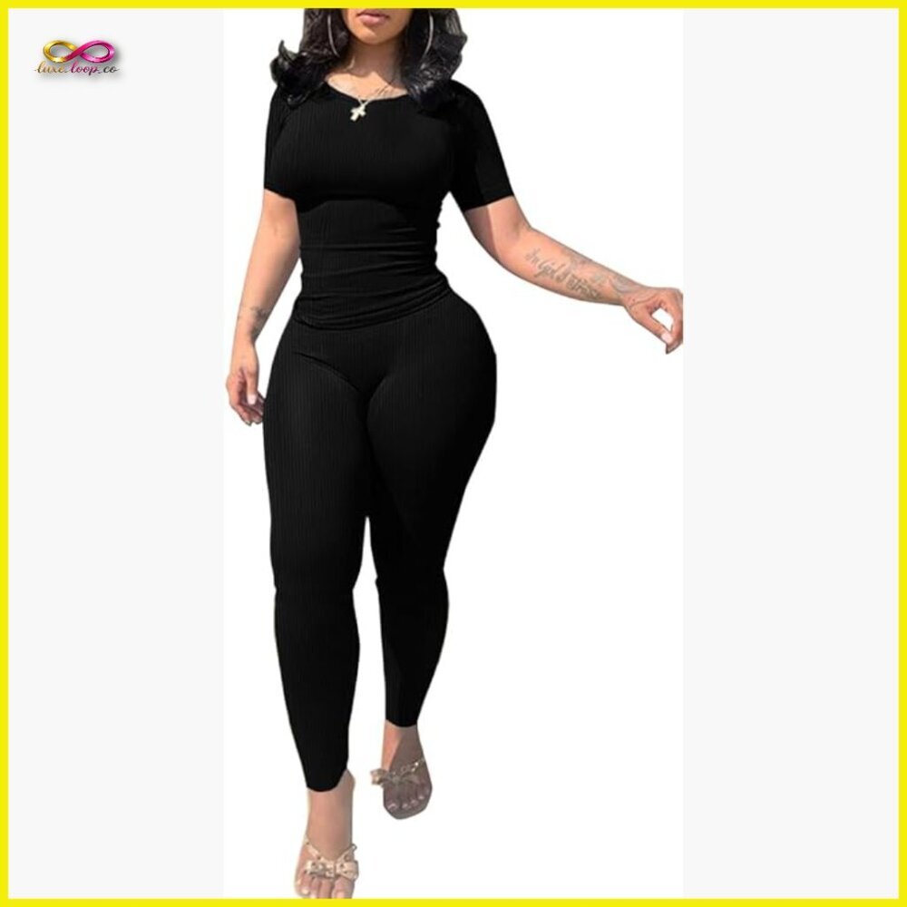 Women's Casual Jogger Workout Outfit Fitted Crew Neck T-Shirt High Waist